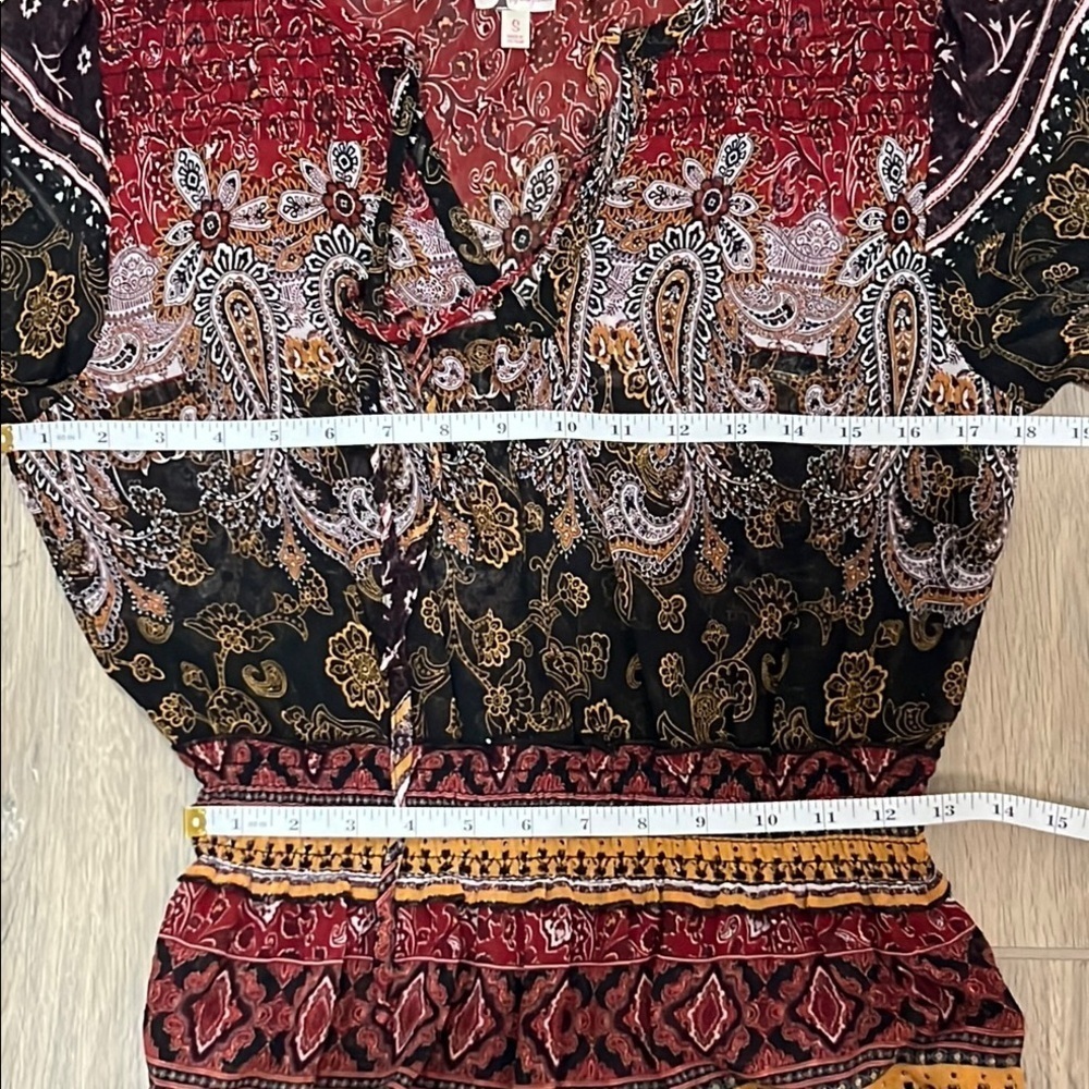 Fig & Flower Anthropologie Dress Sheer Boho Paisley Bishop Maxi Fall Rust Brown - Picture 10 of 16